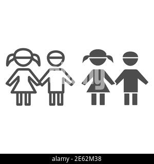 Junge und Mädchen Linie und solide Symbol, 1. Juni Kinderschutztag Konzept, Kinder Silhouetten Zeichen auf weißem Hintergrund, Bruder und Schwester Symbol Stock Vektor