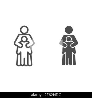 Mutter schützt ihr Kind Linie und solide Symbol, 1. Juni Kinderschutztag Konzept, Mutter umarmt Sohn Vektor-Zeichen auf weißem Hintergrund, Mutter Pflege Stock Vektor