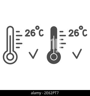 Halten Sie gesunde Lufttemperatur zu Hause in Coronavirus Pandemie Linie und feste Symbol, covid-19 Konzept, Thermometer mit 26 Grad Zeichen auf weiß Stock Vektor