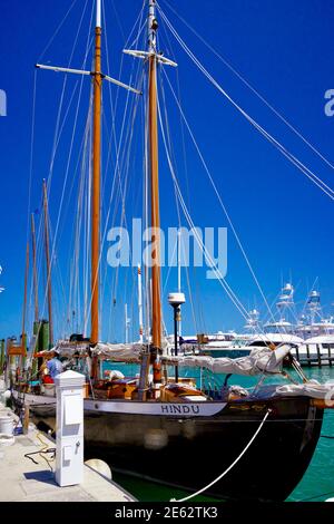 Yacht Schooner Hindu in Key West, Florida, FL USA. Südlichster Punkt in den kontinentalen USA. Insel Urlaubsziel für entspannten Tourismus. Stockfoto