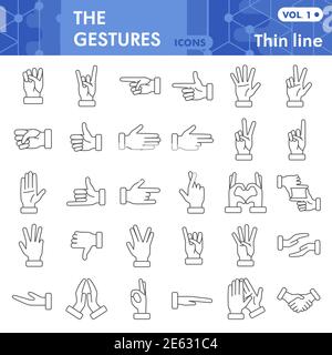 Gesten dünne Linie Icon Set, menschliche Hand Signale Symbole Sammlung oder Skizzen. Finger-Zeichen für Web, linear Stil Piktogramm-Paket isoliert auf weiß Stock Vektor