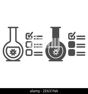 Glaskolben für Analyse und Markieren Linie und feste Symbol, covid-19 Konzept, Checkliste Zwischenablage mit Tube Test Zeichen auf weißem Hintergrund, Coronavirus Stock Vektor