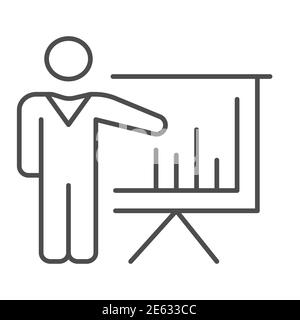 Mann mit Präsentation Board dünne Linie Symbol, Business-Konzept, Person präsentiert Diagramm auf Schild auf weißem Hintergrund, Geschäftsmann mit Grafik Stock Vektor