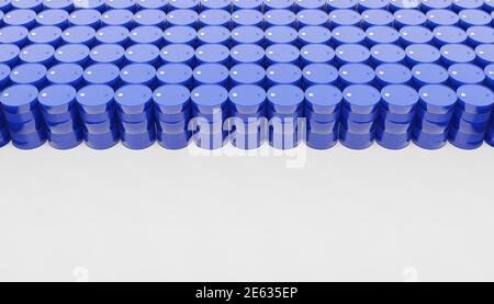 3d-Rendering einer Gruppe von Metallölfässern in blauer Farbe. Stockfoto