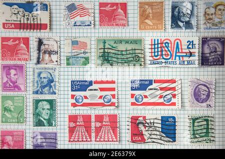 Vereinigte Staaten von Amerika Briefmarkensammlung im Album, Greater London, England, Vereinigtes Königreich Stockfoto