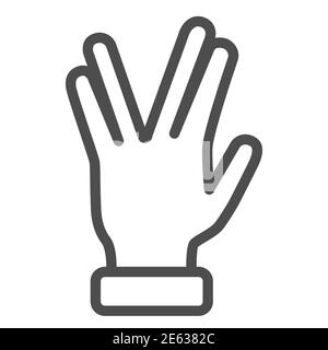 Vier Finger Geste Linie Symbol, Gesten Konzept, Vulcan Salute Hand Zeichen auf weißem Hintergrund, Hand mit vier Fingern nach oben Symbol in Umriss Stil für Stock Vektor