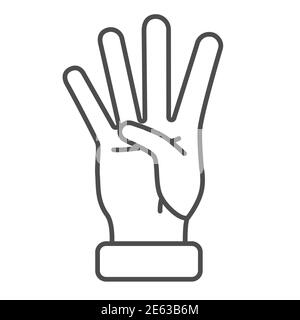Vier Finger Geste dünne Linie Symbol, Gesten Konzept, zählen Zahlen auf Handfläche Zeichen auf weißem Hintergrund, Hand zeigt vier Finger Symbol in Umriss Stil Stock Vektor