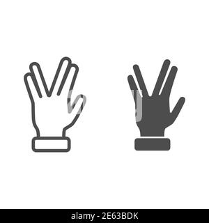 Vier Finger Gestenlinie und solide Symbol, Gesten Konzept, Vulcan Salute Hand Zeichen auf weißem Hintergrund, Hand mit vier Fingern oben Symbol in Umriss Stock Vektor