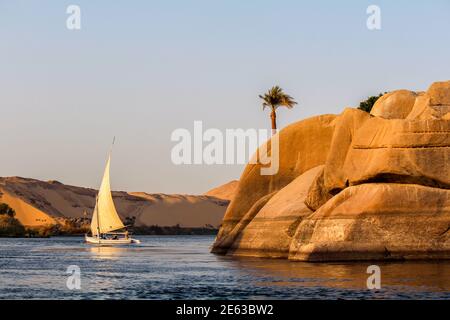 Segelboot auf dem Nil bei Sonnenuntergang, Felsen mit alten Schnitzereien im Vordergrund, Ägypten Stockfoto