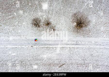 Luftaufnahme von oben nach unten auf einem bunten Regenbogenschirm in der Mitte einer schneebedeckten Landschaft bei Schneefall und einigen Bäumen direkt von oben. Stockfoto