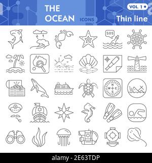 Ocean Thin Line Icon Set, nautische Symbole Sammlung oder Skizzen. Marine Life Signs für Web, linear Stil Piktogramm-Paket isoliert auf weiß Stock Vektor