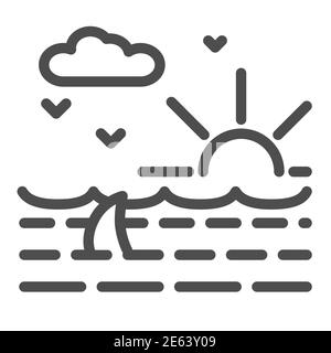 Meereswellen mit Haifischlinienikone, nautisches Konzept, Ozeanlandschaft mit Sonne, Wolken und Möwen Zeichen auf weißem Hintergrund, Haifischflosse in Wellen Symbol in Stock Vektor