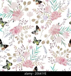 Florales Aquarell-Muster im Shabby Chic Retro-Stil mit zarter rosen und Schmetterlinge Stockfoto