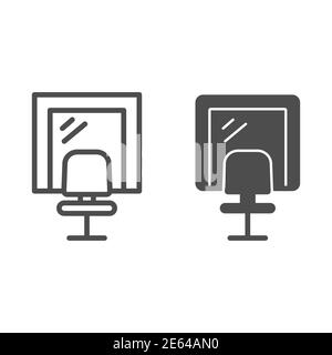 Ankleidespiegel mit Sitzlinie und solide Ikone, Musikfestival Konzept, Künstler Spiegel und Stuhl Schild auf weißem Hintergrund, Make-up Schreibtisch Symbol in Stock Vektor