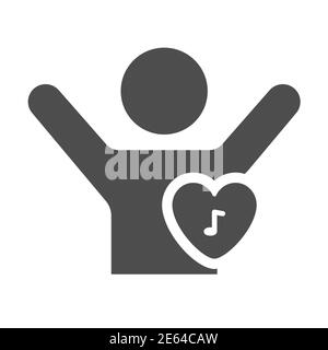Person mit Musik im Herzen solide Ikone, Festival-Konzept, Musiknote mit Herzform und Tänzer Zeichen auf weißem Hintergrund, Fan hören Musik von Stock Vektor