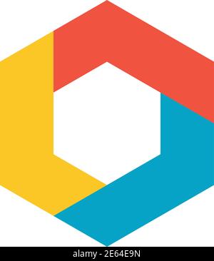 Abstraktes sechseckiges Designelement aus drei bunten Teilen. Evoziert Würfel in der Mitte. Einfaches flaches Logo-Symbol. Stock Vektor