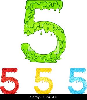 Nummer 5 mit Wassertropfen und Goo-Spritzer. Farbdarstellung des Symbols vier in fünf Farben grün, rot, gelb, blau. Tropfende Flüssigkeit. Vektorschriftart im handgezeichneten Stil isoliert auf weißem Hintergrund. Stock Vektor