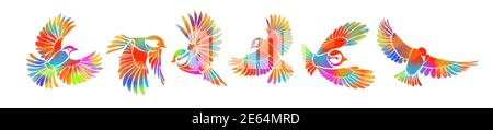Ein bunt fliegender dekorativer Vogel. Set von Regenbogen stilisierte Vögel. Vektorgrafik Stock Vektor
