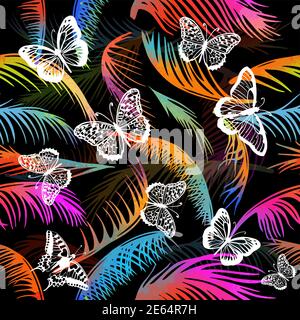 Bunte Palmblätter mit Schmetterlingen. Nahtloser Hintergrund. Vektorgrafik Stock Vektor