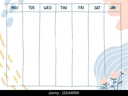 Wochenkalender abstraktes Blumenmuster Doodle Stil. Vektorgrafik Stock Vektor