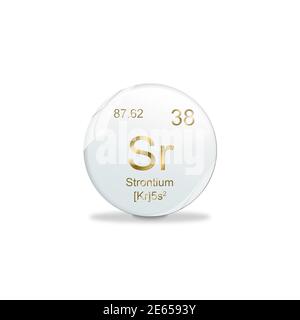 3D-Illustration, Strontium Symbol - Sr. Element des Periodensystems auf weißer Kugel mit goldenen Zeichen. Weißer Hintergrund Stockfoto