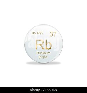 3D-Illustration, Rubidium Symbol - RB. Element des Periodensystems auf der weißen Kugel mit goldenen Zeichen. Weißer Hintergrund Stockfoto