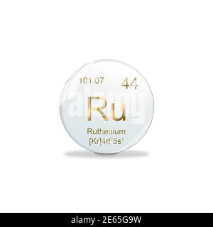 3D-Illustration, Ruthenium Symbol - Ru. Element des Periodensystems auf der weißen Kugel mit goldenen Zeichen. Weißer Hintergrund Stockfoto
