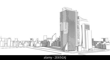 Abstrakte Architekturzeichnung Skizze, Stadt, Panorama, 3d-Illustration Stockfoto