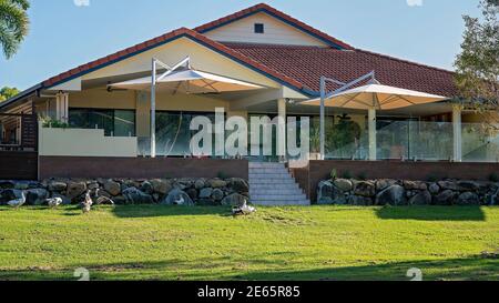 Mackay, Queensland, Australien - Januar 2021: Wohnhaus mit weitläufigem verglasten Sonnendeck und Gänsen im Vorgarten Stockfoto