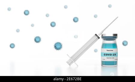 Abbildung des SARS-CoV-2-Coronavirus-Impfstoffs in einer Flasche mit einer Spritze vor dem Hintergrund eines Stromes von Covid-19-Molekülen. Das Konzept von Stockfoto