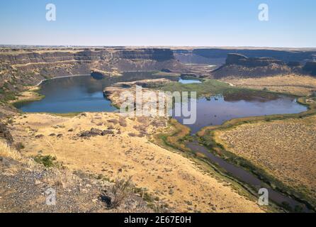 Dry Falls Coulee City. Ort des alten Wasserfalls, Sun Lakes Dry Falls State Park, Washington State. Stockfoto