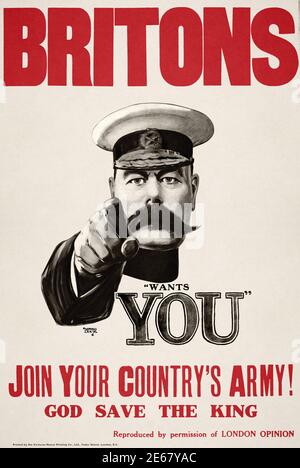Britons UK Klassiker vintage Kitchener Ich will dich ikonisch toll Krieg WW1 Rekrutierung Propaganda Plakat Stockfoto