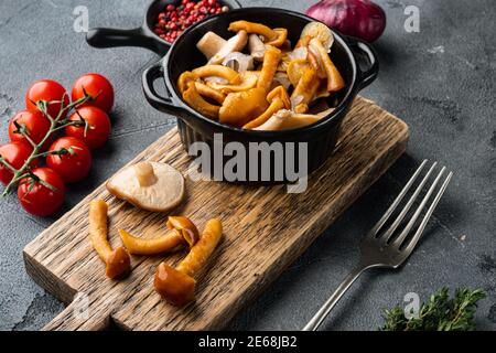 Eingelegtes Pilzset, auf grauem Hintergrund Stockfoto