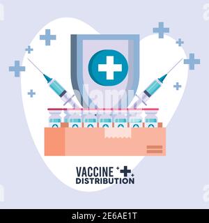Thema der Impfstoffverteilungslogistik mit Vials und Injektion in Shield vektorgrafik Design Stock Vektor