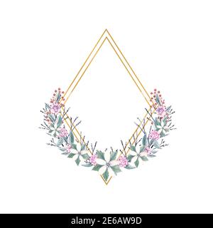 Winter-Aquarell in einem goldenen Diamant-förmigen Rahmen mit Zweige von Schneebeeren und Weihnachtssterne Blumen. Handgezeichnete Illustration. Für Einladungen Stockfoto