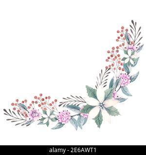 Bouquet mit Weihnachtssternen Blüten, roten Beeren und dekorativen Zweigen. Aquarelldarstellung Stockfoto