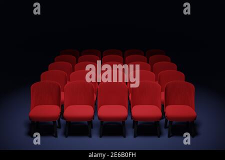 3D Render die gleichen Reihen von roten Cartoon weichen Stühlen im Theater. Konzept eines schönen Kinos mit Stühlen Stockfoto