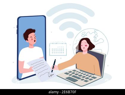 Digital Zeichen Konzept Mann auf Smartphone-Bildschirm fragen Unterschrift Dokument Papier zu Frau auf Laptop-Bildschirm mit flachen Cartoon-Stil Stock Vektor