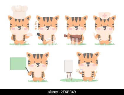 tiger Charakter Set Sammlung Maskottchen niedlichen Tier Koch Sänger Gitarre Doktor Lehrer Maler mit flachen Cartoon-Stil Stock Vektor