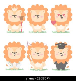 löwe Charakter Set Kollektion Maskottchen niedlichen Tier König in der Liebe Doktor Lehrer Absolvent mit flachen Cartoon-Stil Stock Vektor