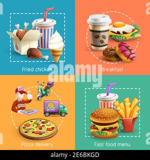 Fastfood-Restaurant Frühstück Menü mit Pizza Lieferservice 4 Symbole quadratische Zusammensetzung Banner Cartoon Vektor Illustration Stock Vektor