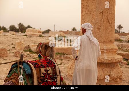 Palmyra, Syrien 04-02-2010: Ein lokaler arabischer Reiseführer steht an seinem Dromedarkamel bei den antiken Ruinen von Palmyra in der syrischen Wüste. Er trägt Whi Stockfoto