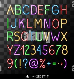 Neon Alphabet Set mit Buchstaben Zahlen und Symbole auf transparent Hintergrund isolierte Vektorgrafik Stock Vektor