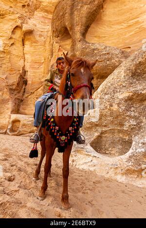 Petra, Jordanien 04-02-2010: Ein lokaler beduinenjunge mit Jeans und Sandalen ist auf einem Pferd mit dekorativem Mundbiss. Sie ruhen im Schatten einer Klippe in Stockfoto