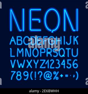 Neon Glow Alphabet mit blauen Buchstaben Zahlen und Symbole isoliert Vektorgrafik auf dunklem Hintergrund Stock Vektor