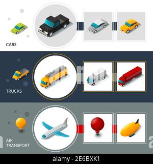 Isometrische Transport Banner Set mit PKW LKW und Lufttransport Isolierte Vektordarstellung Stock Vektor
