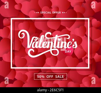 Red Banner Verkauf am Valentinstag. Hintergrund Rote Herzen und Text Verkauf Valentinstag. Sonderangebot. Vektorgrafik. Stock Vektor