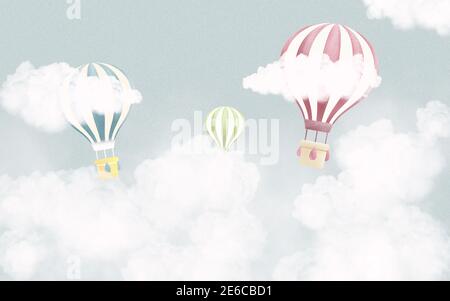 3d-Illustration für ein Kinderzimmer, weiße Wolken, drei gestreifte mehrfarbige Ballons Stockfoto