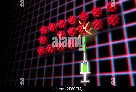 COVID Impfkonzept mit Impfspritze Shooting Coronavirus Invaders in Synthwave oder Vaporwave Stil. Technologie und Wissenschaft mit Retro-Spiel Stock Vektor