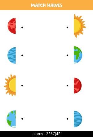 Spiel Hälften von Sonne und Planeten. Logisches Spiel für Kinder. Stock Vektor